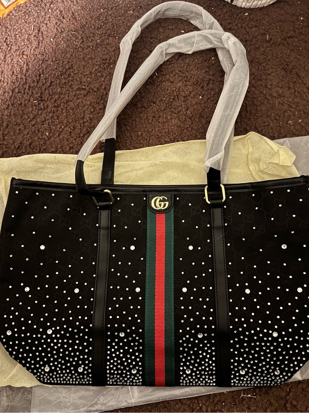 Black Crystal-Embellished Tote with Signature Web Stripe